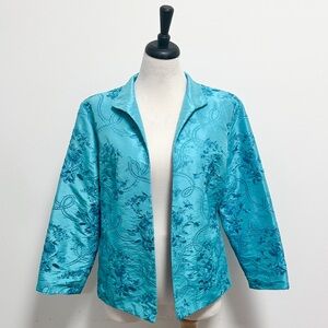 Grace Chuang Turquoise Blue Satin Floral Embroidered Open Front Short Jacket